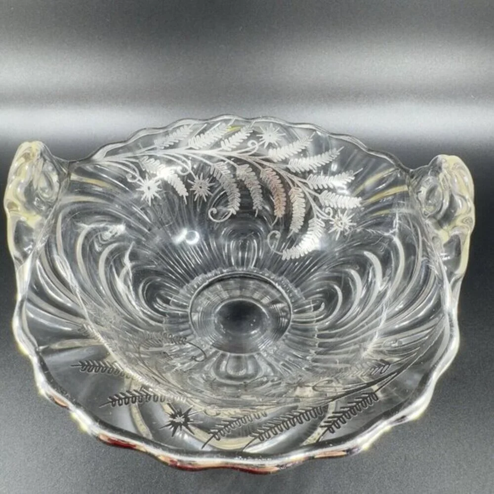 Vintage Cambridge Clear Glass Caprice Bowl Dish Handles‎ Silver Overlay Flower